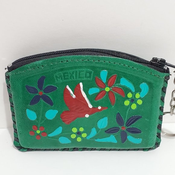 Authentic Mexican Handmade Leather Coin Purse Hand Painted MEXICO Green - Picture 1 of 6